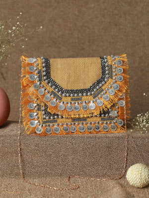 Mustard Coin Embellished Jute Sling Bag