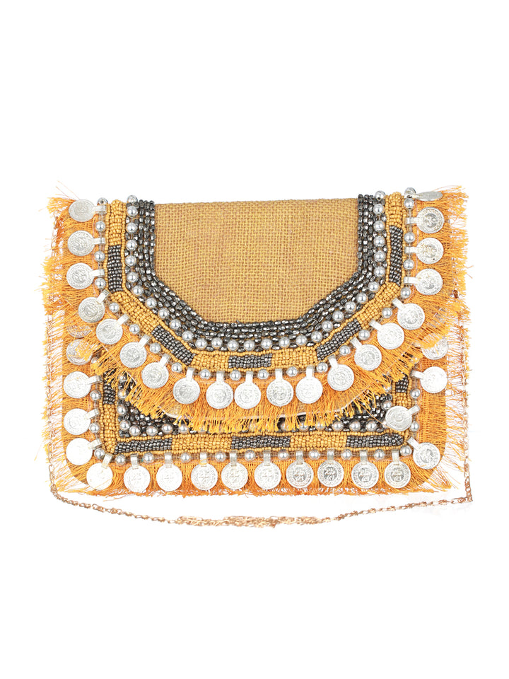 Mustard Coin Embellished Jute Sling Bag