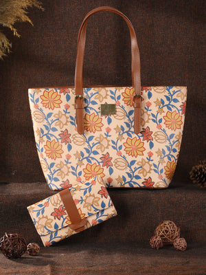 Floral Kalamkari Multicoloured Flap Wallet and Tote Bag Set