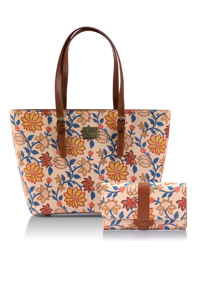Floral Kalamkari Multicoloured Flap Wallet and Tote Bag Set