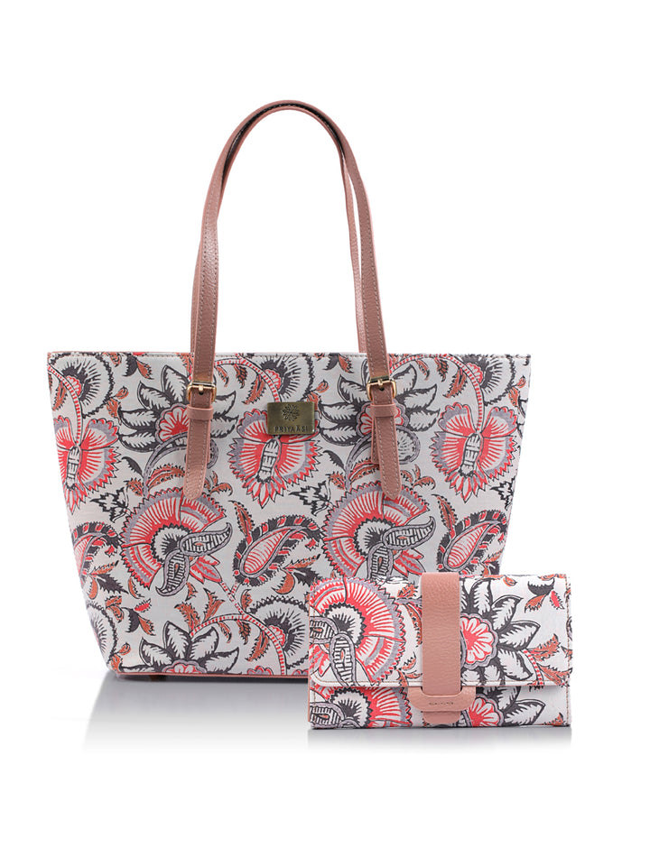 Pink Floral Motif Flap Wallet and Tote Bag Set
