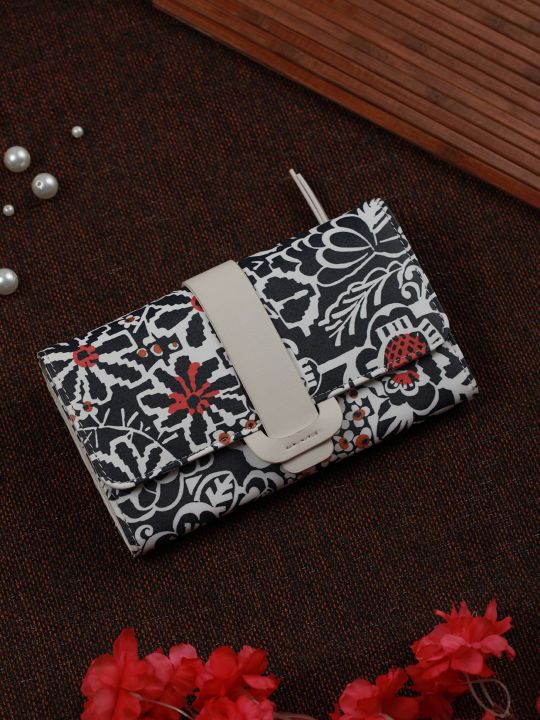 Black Floral Motif Flap Wallet