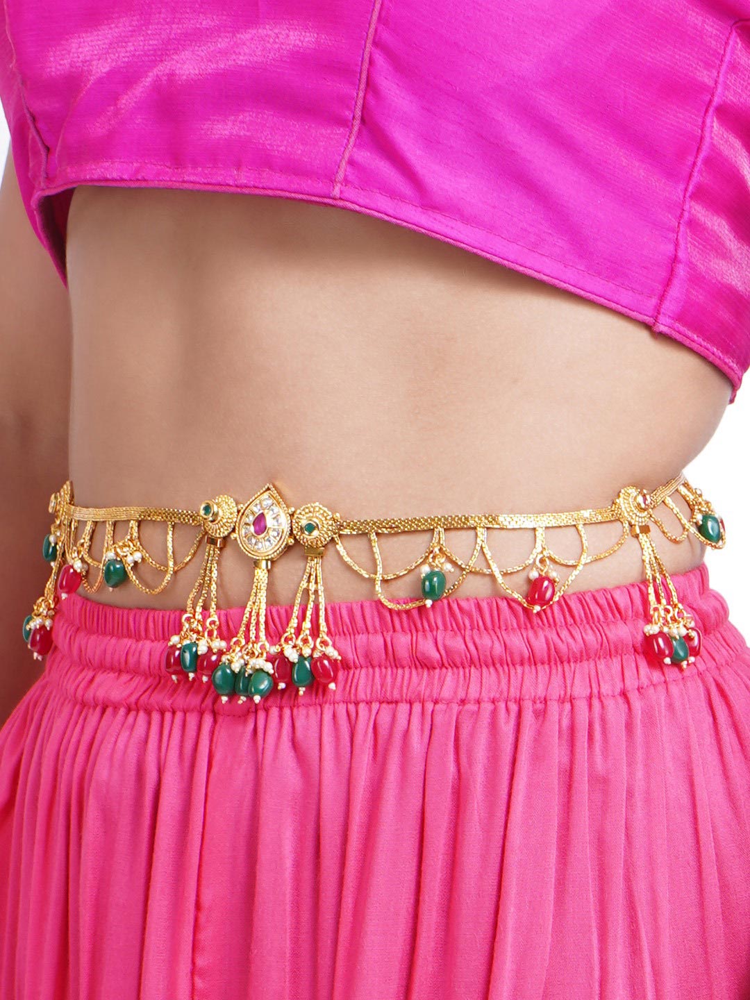 Party Wear Multicolour Gold Plated Tasselled Waist Belt For Women And Girls