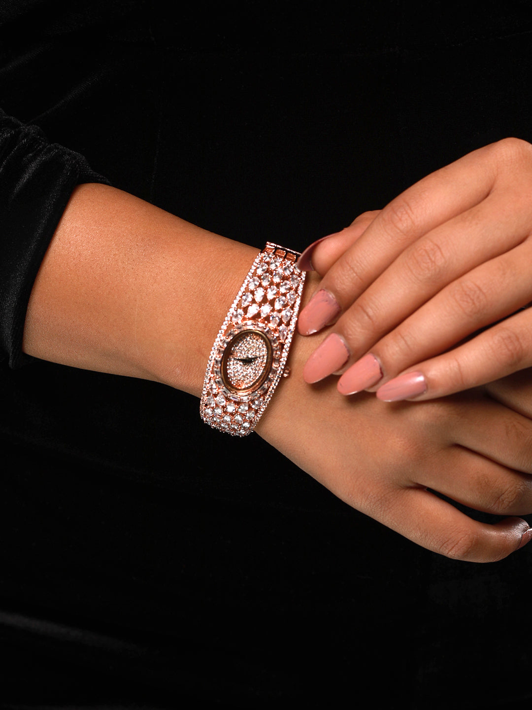 Designer American Diamond Rose Gold-Plated Bracelet Watch