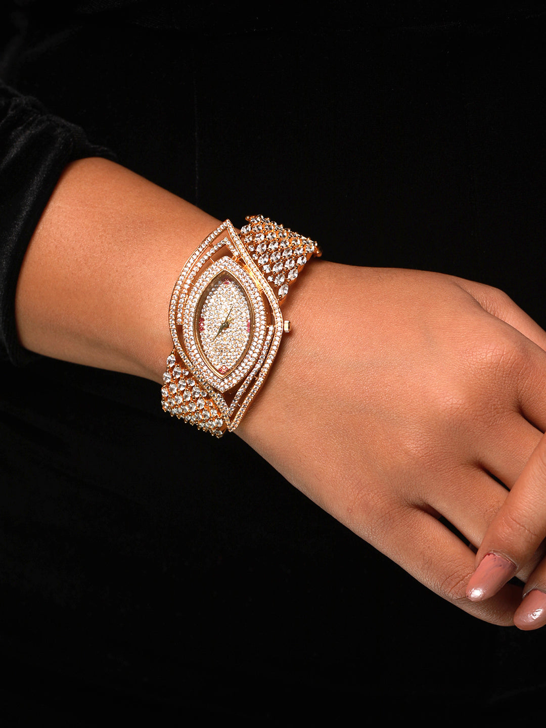 American Diamond Studded Leaf Gold-Plated Bracelet Watch
