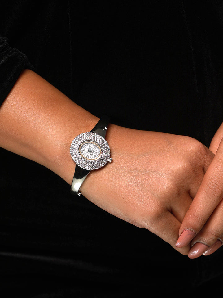 Stylish American Diamond Silver-Plated Bracelet Watch