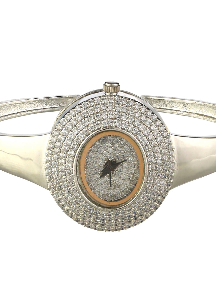 Stylish American Diamond Silver-Plated Bracelet Watch
