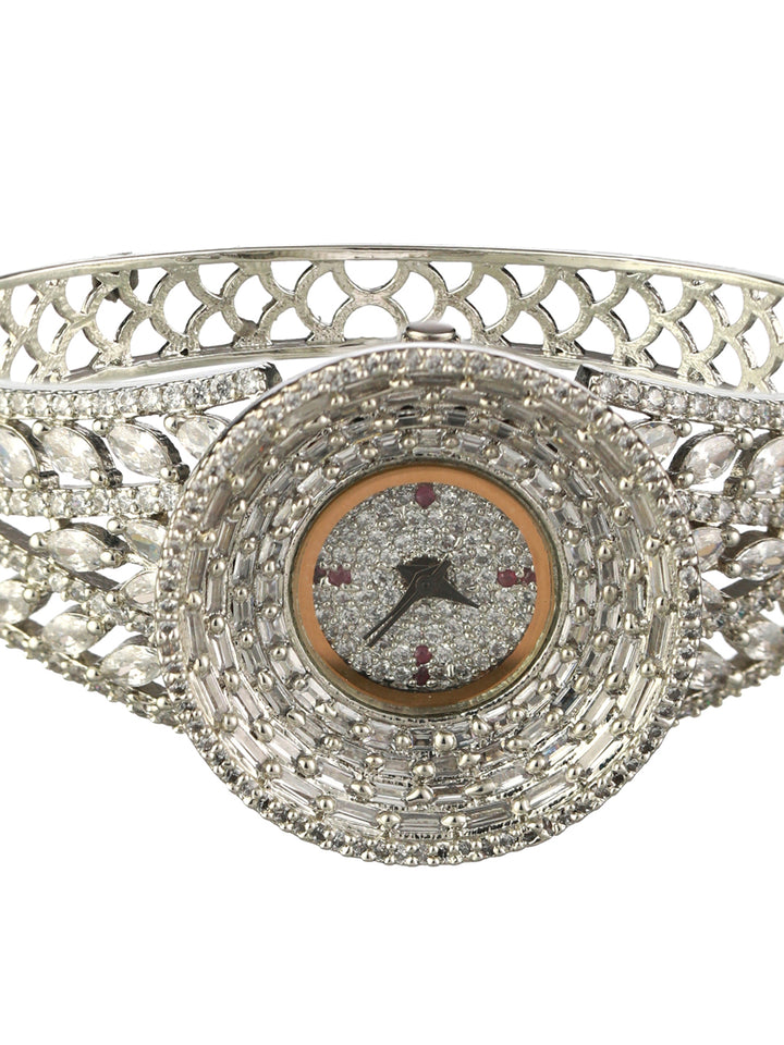 Round American Diamond Silver-Plated Bracelet Watch