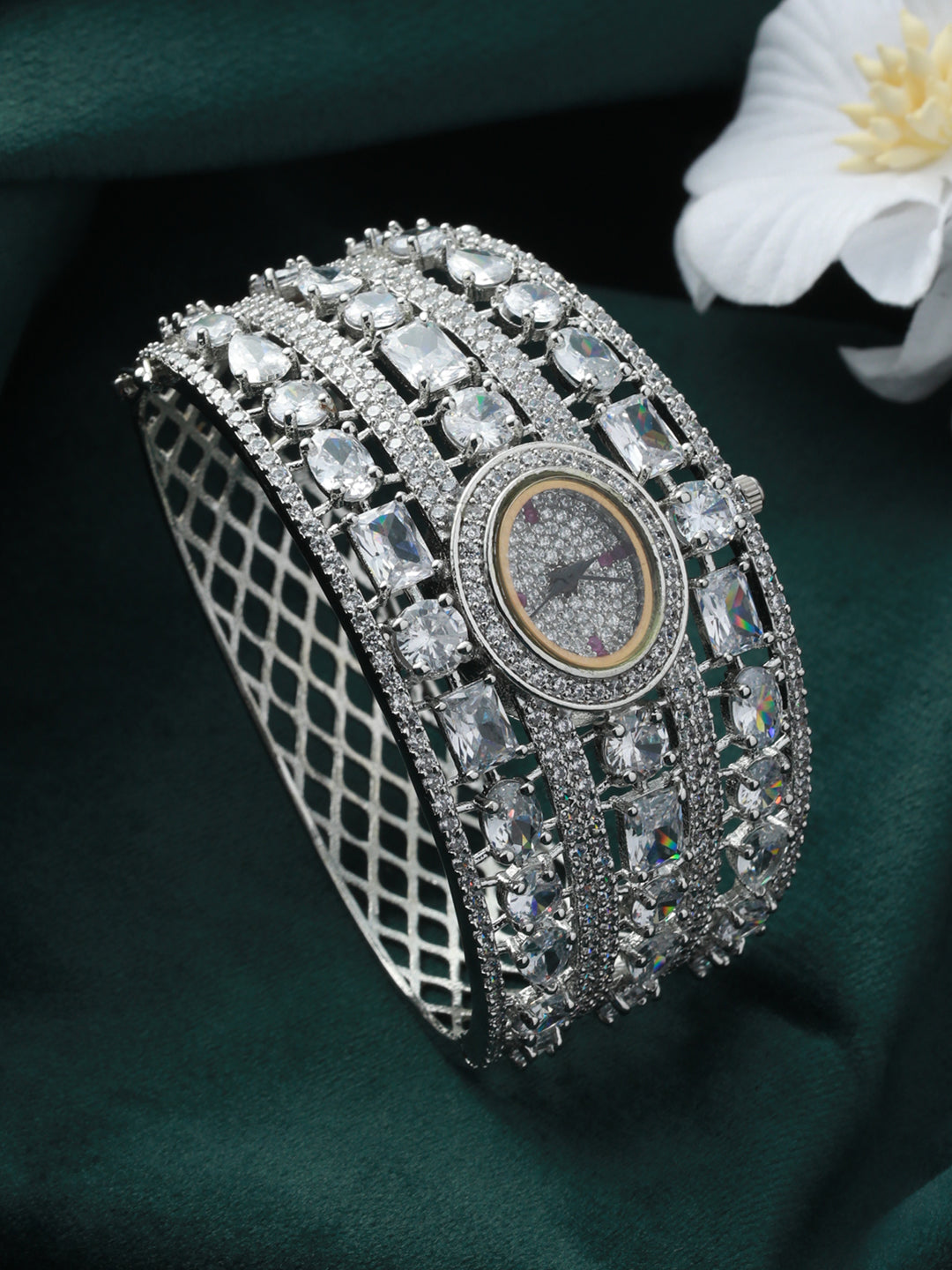 Elegant American Diamond Silver-Plated Bracelet Watch