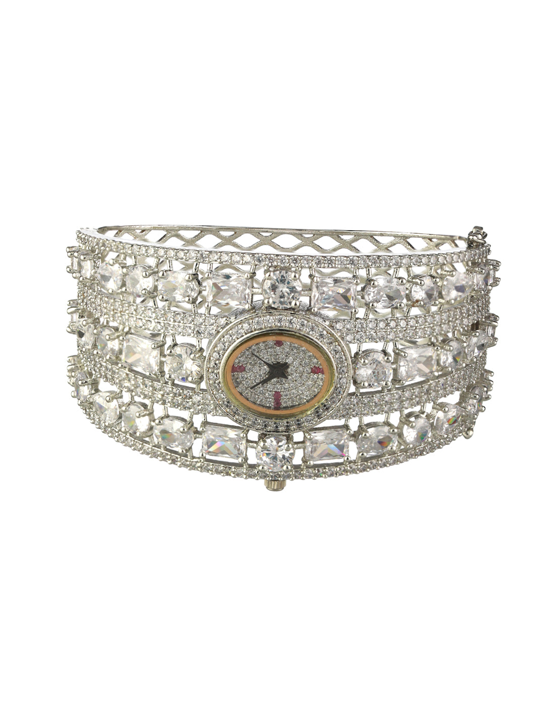 Elegant American Diamond Silver-Plated Bracelet Watch