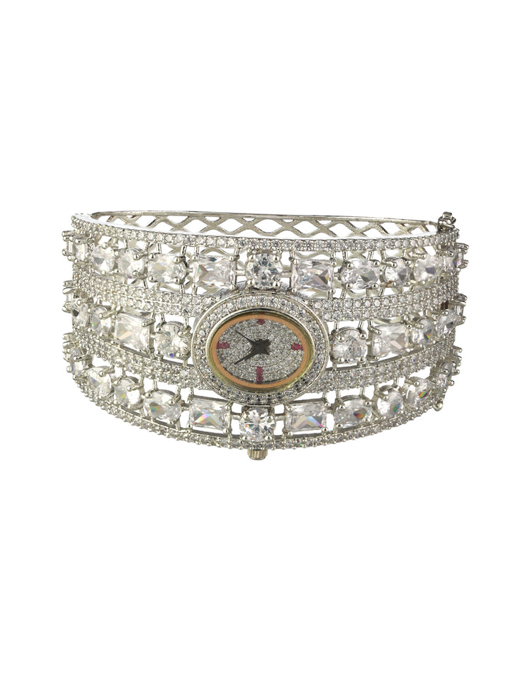 Elegant American Diamond Silver-Plated Bracelet Watch