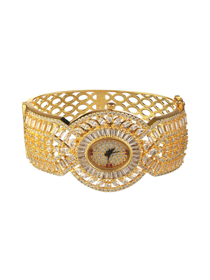 Round American Diamond Gold-Plated Bracelet Watch