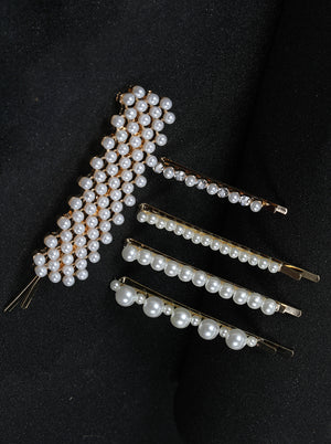 Set Of 5 Gold Plated White Beaded Hair Clips For Women And Girls